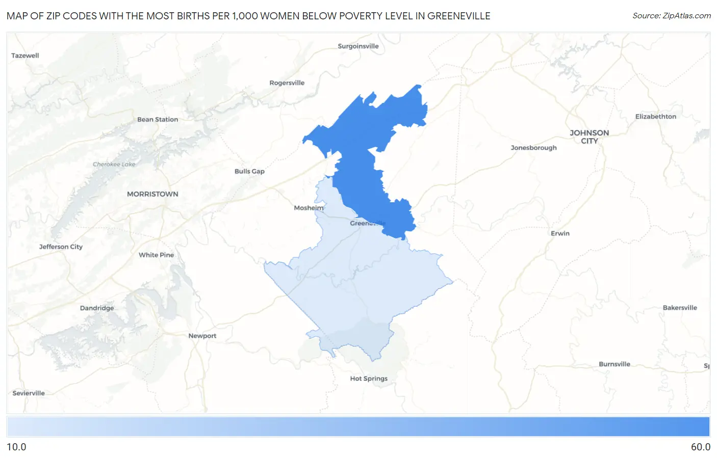 Zip Codes with the Most Births per 1,000 Women Below Poverty Level in Greeneville Map