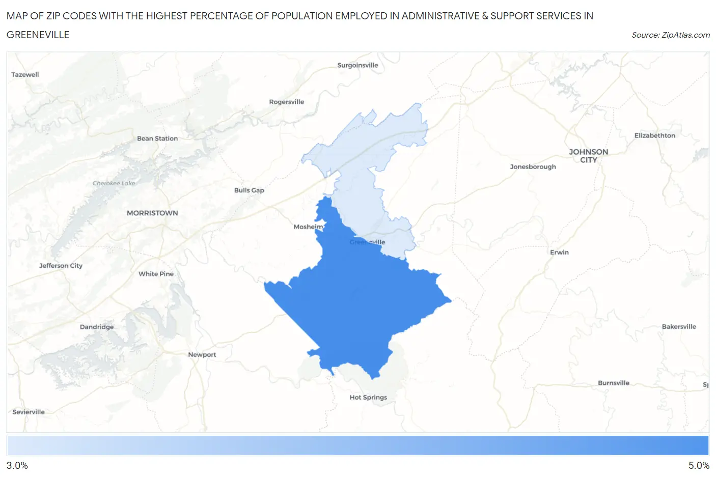 Zip Codes with the Highest Percentage of Population Employed in Administrative & Support Services in Greeneville Map