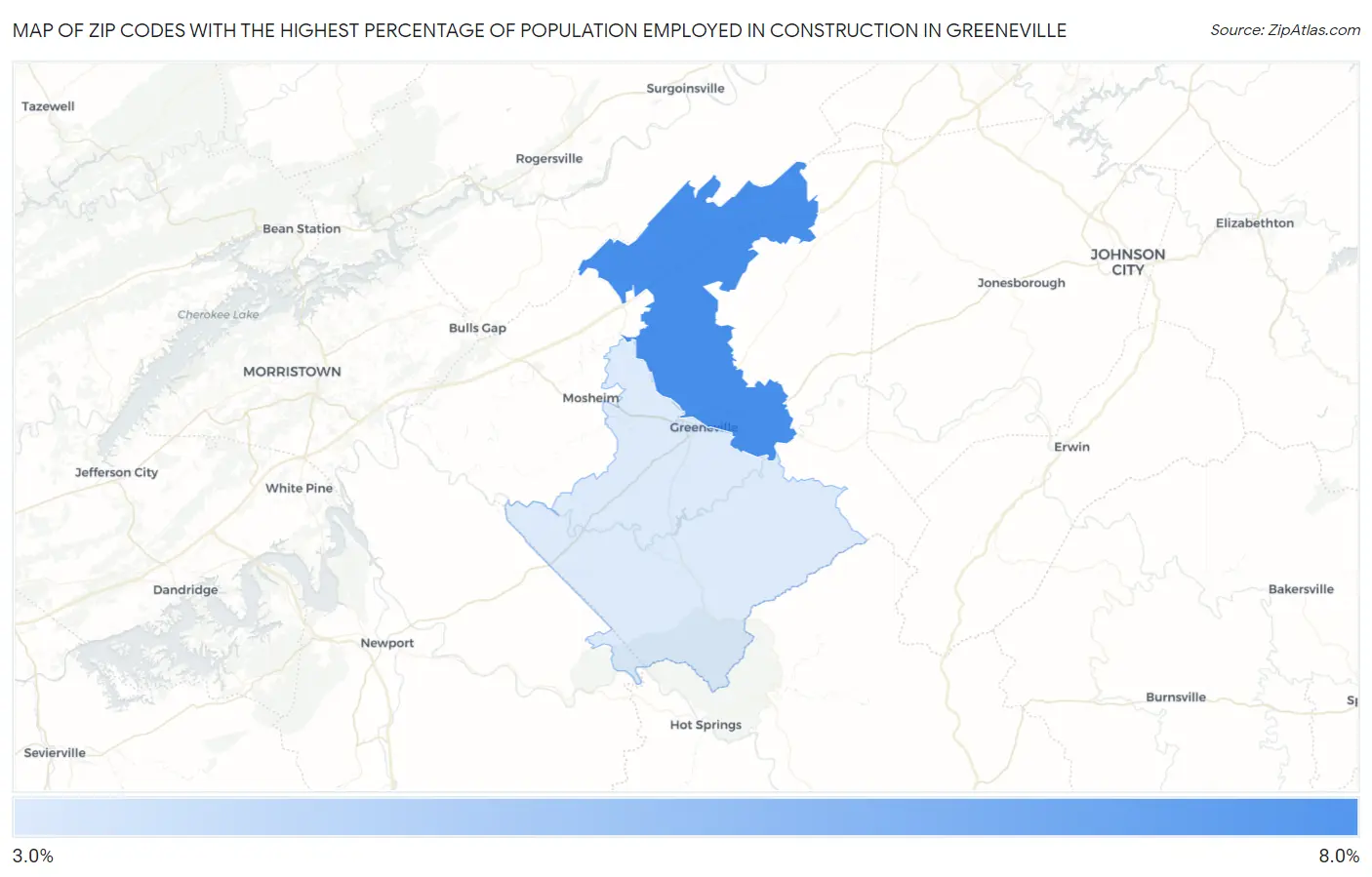 Zip Codes with the Highest Percentage of Population Employed in Construction in Greeneville Map