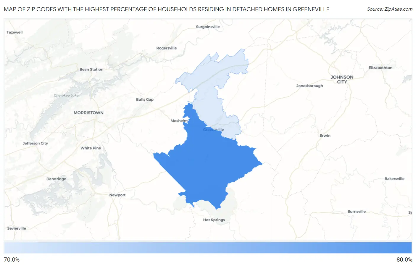 Zip Codes with the Highest Percentage of Households Residing in Detached Homes in Greeneville Map
