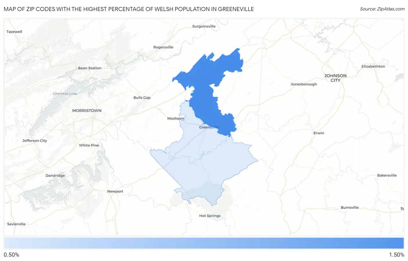 Zip Codes with the Highest Percentage of Welsh Population in Greeneville Map