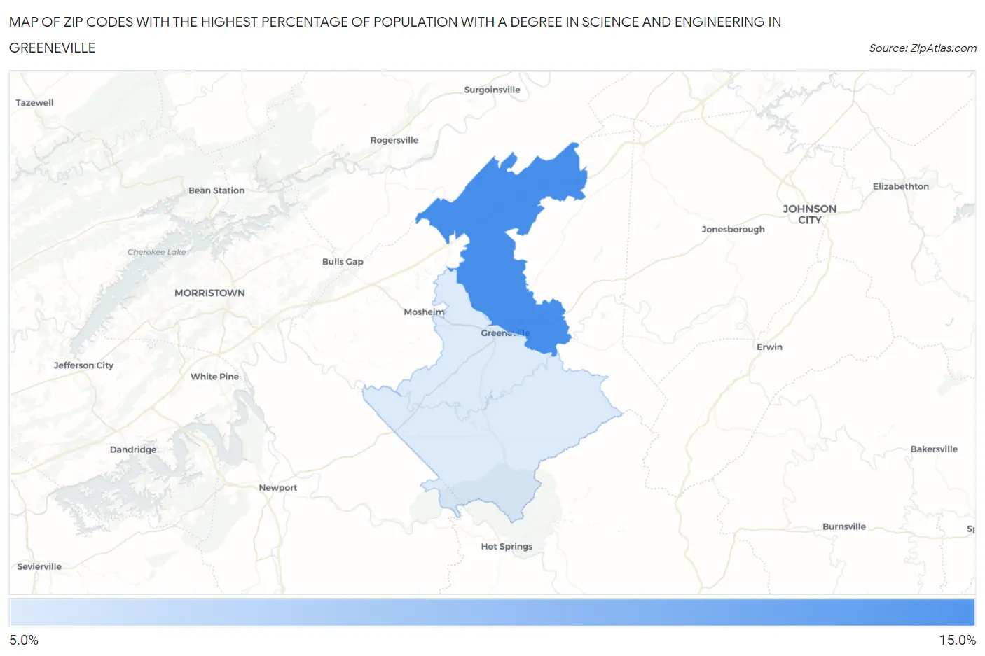 Zip Codes with the Highest Percentage of Population with a Degree in Science and Engineering in Greeneville Map
