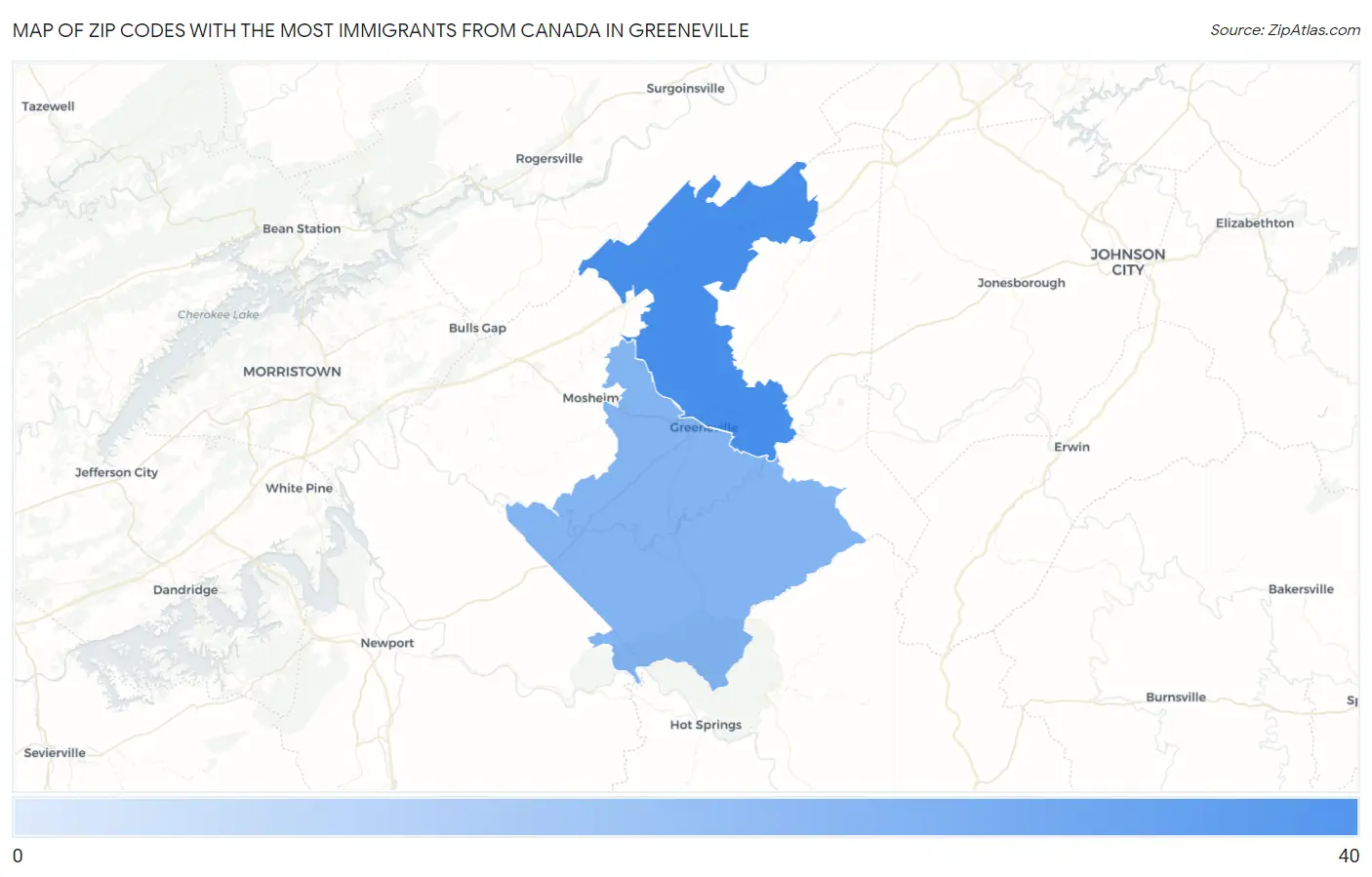 Zip Codes with the Most Immigrants from Canada in Greeneville Map