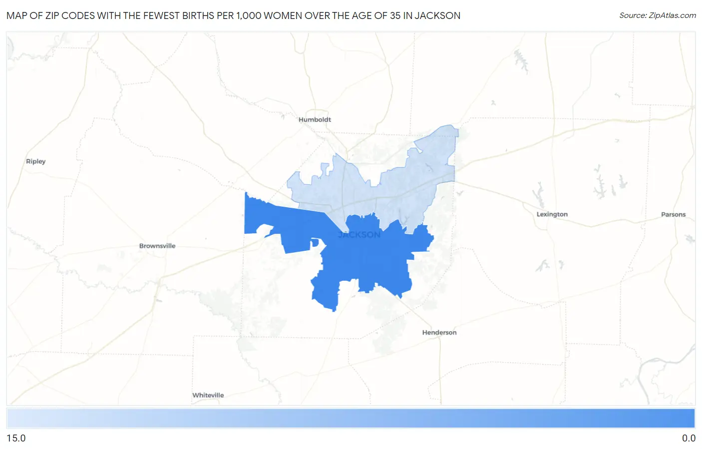 Zip Codes with the Fewest Births per 1,000 Women Over the Age of 35 in Jackson Map