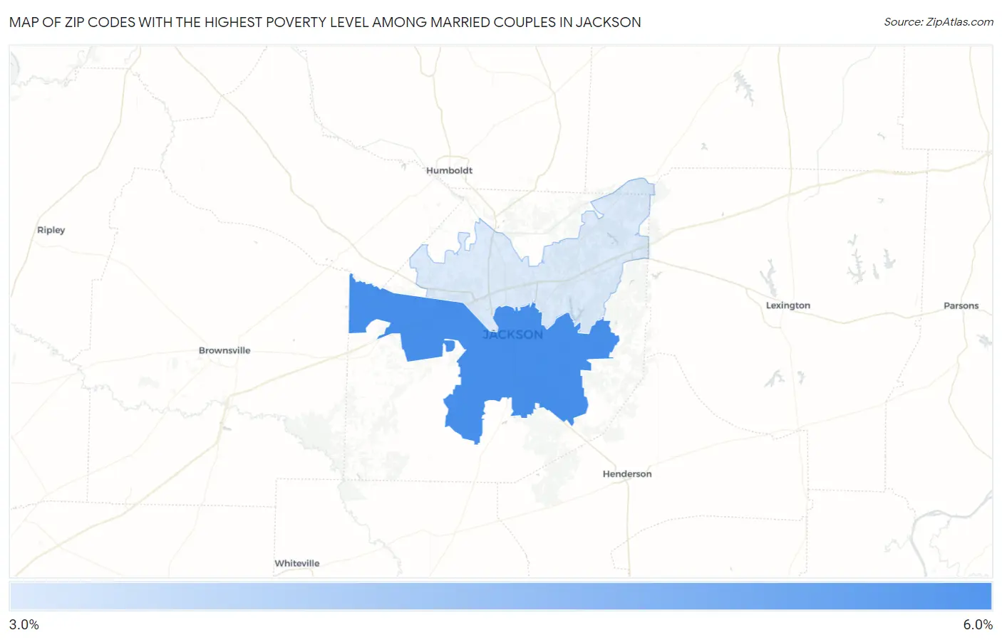 Zip Codes with the Highest Poverty Level Among Married Couples in Jackson Map