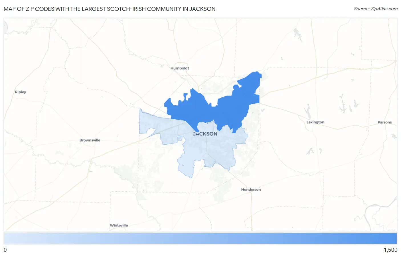 Zip Codes with the Largest Scotch-Irish Community in Jackson Map