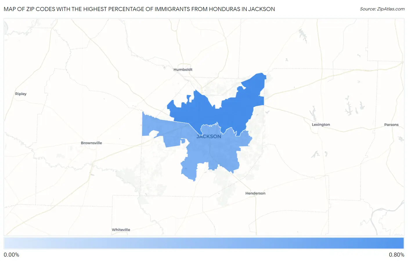 Zip Codes with the Highest Percentage of Immigrants from Honduras in Jackson Map
