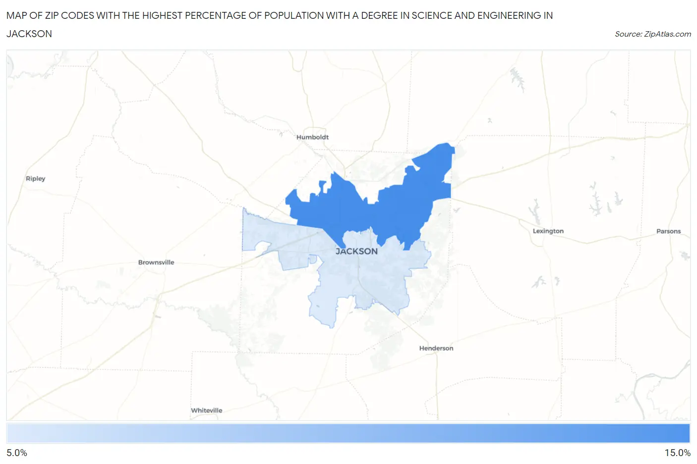 Zip Codes with the Highest Percentage of Population with a Degree in Science and Engineering in Jackson Map
