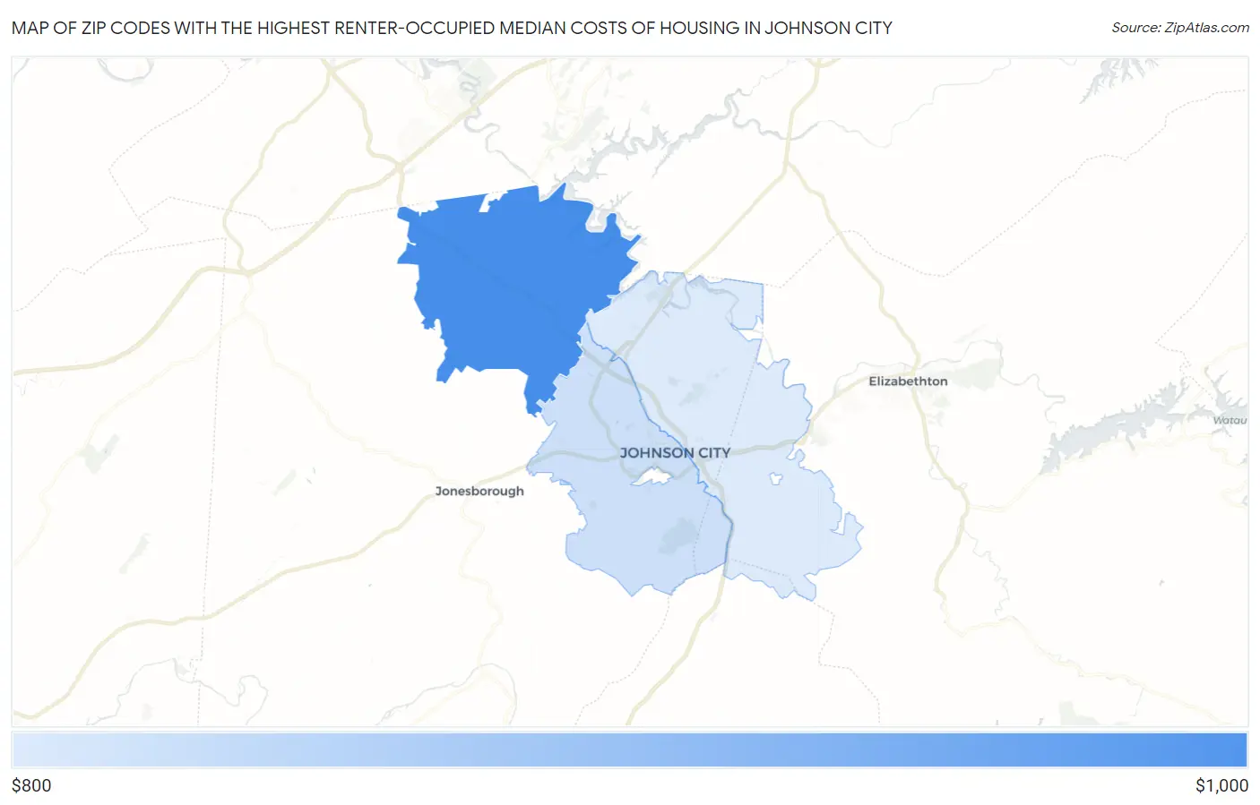 Zip Codes with the Highest Renter-Occupied Median Costs of Housing in Johnson City Map