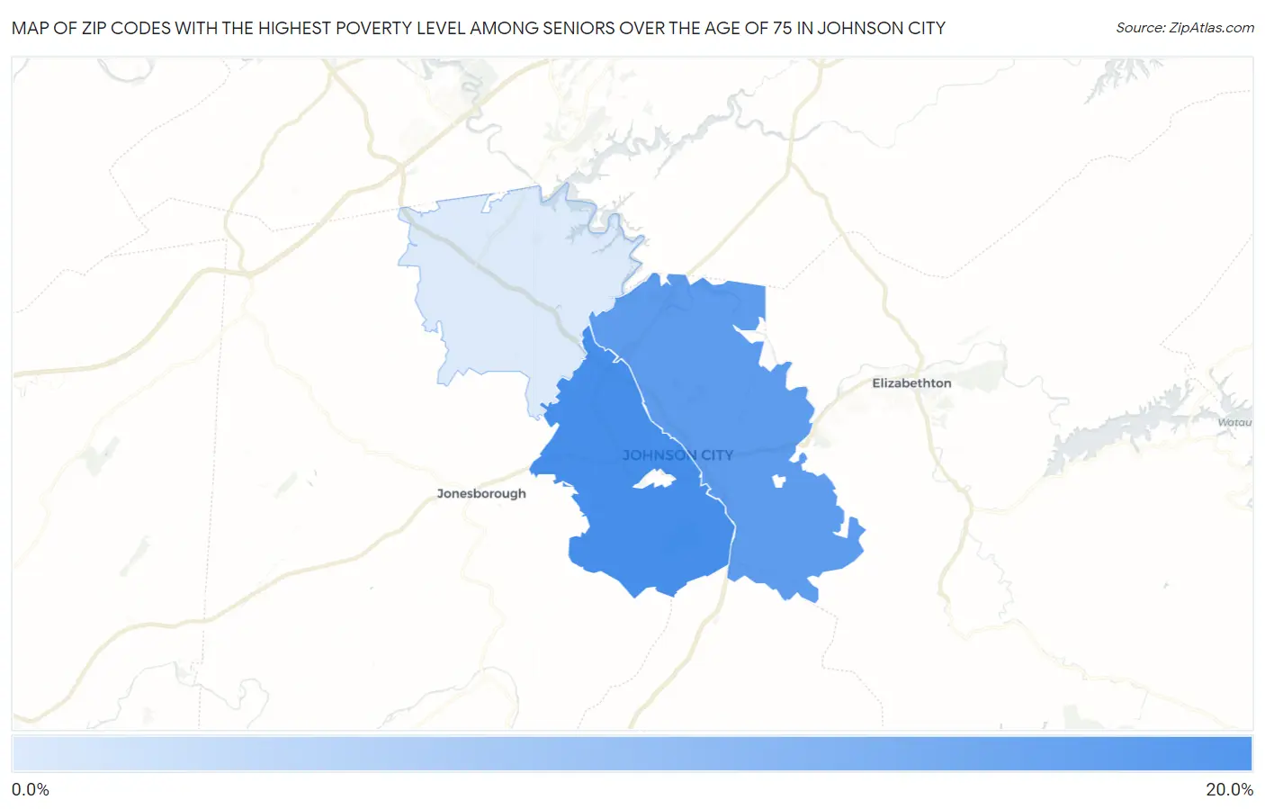 Zip Codes with the Highest Poverty Level Among Seniors Over the Age of 75 in Johnson City Map