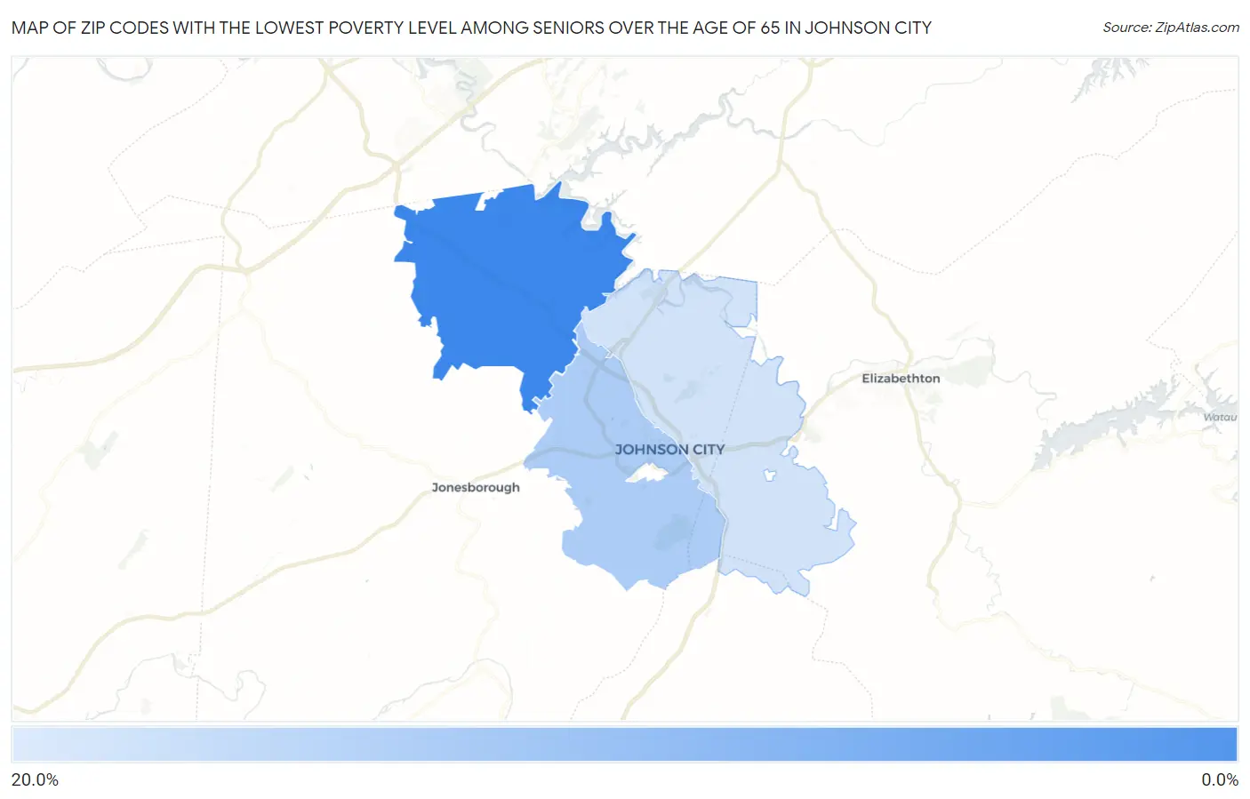 Zip Codes with the Lowest Poverty Level Among Seniors Over the Age of 65 in Johnson City Map