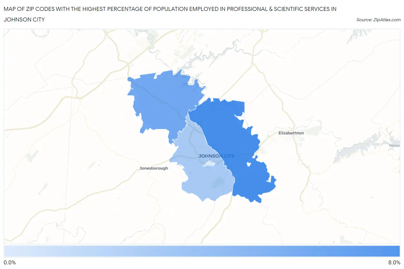 Zip Codes with the Highest Percentage of Population Employed in Professional & Scientific Services in Johnson City Map
