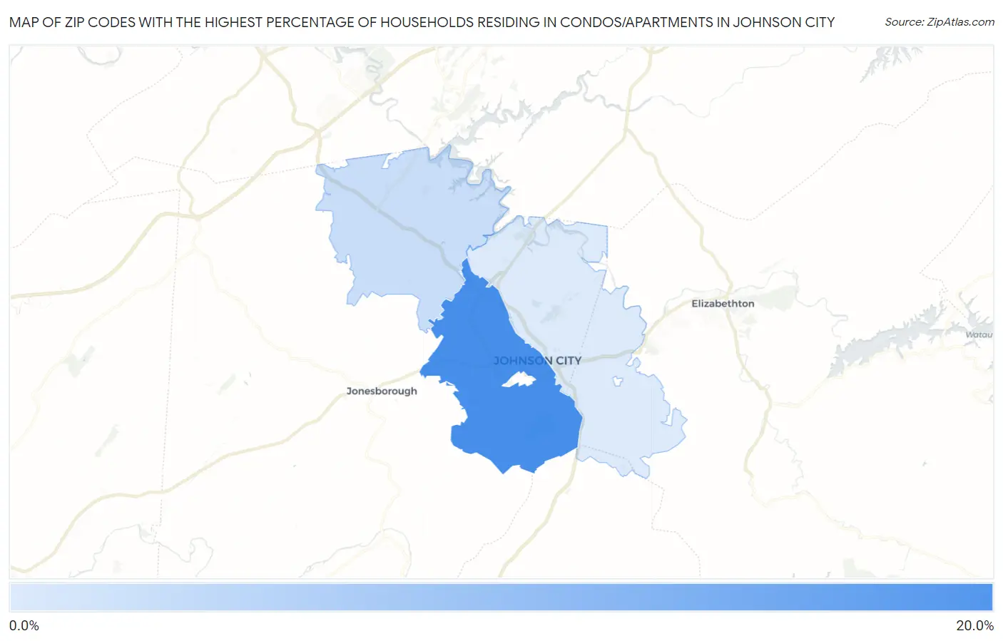 Zip Codes with the Highest Percentage of Households Residing in Condos/Apartments in Johnson City Map