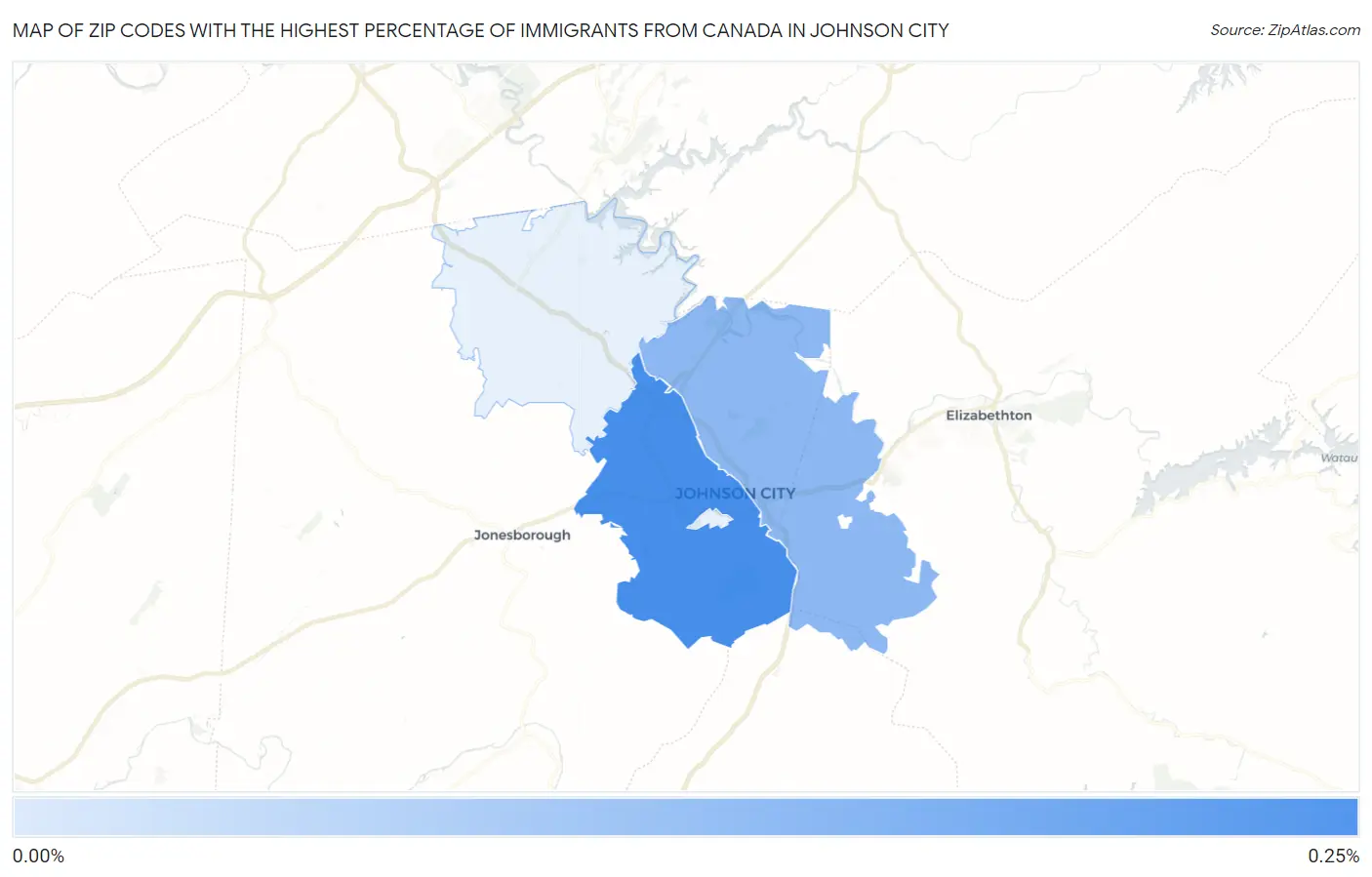 Zip Codes with the Highest Percentage of Immigrants from Canada in Johnson City Map