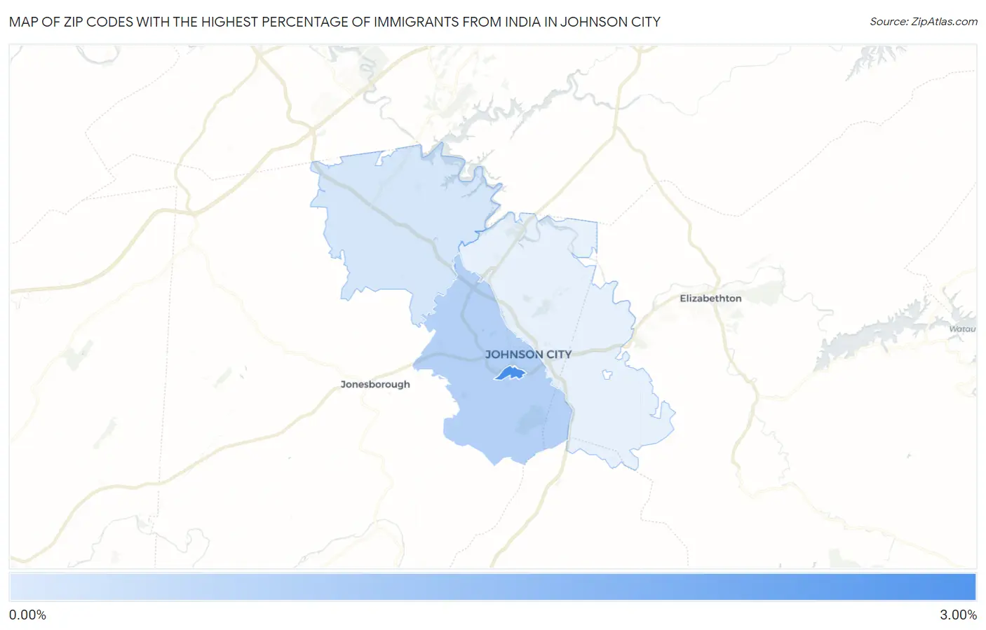 Zip Codes with the Highest Percentage of Immigrants from India in Johnson City Map