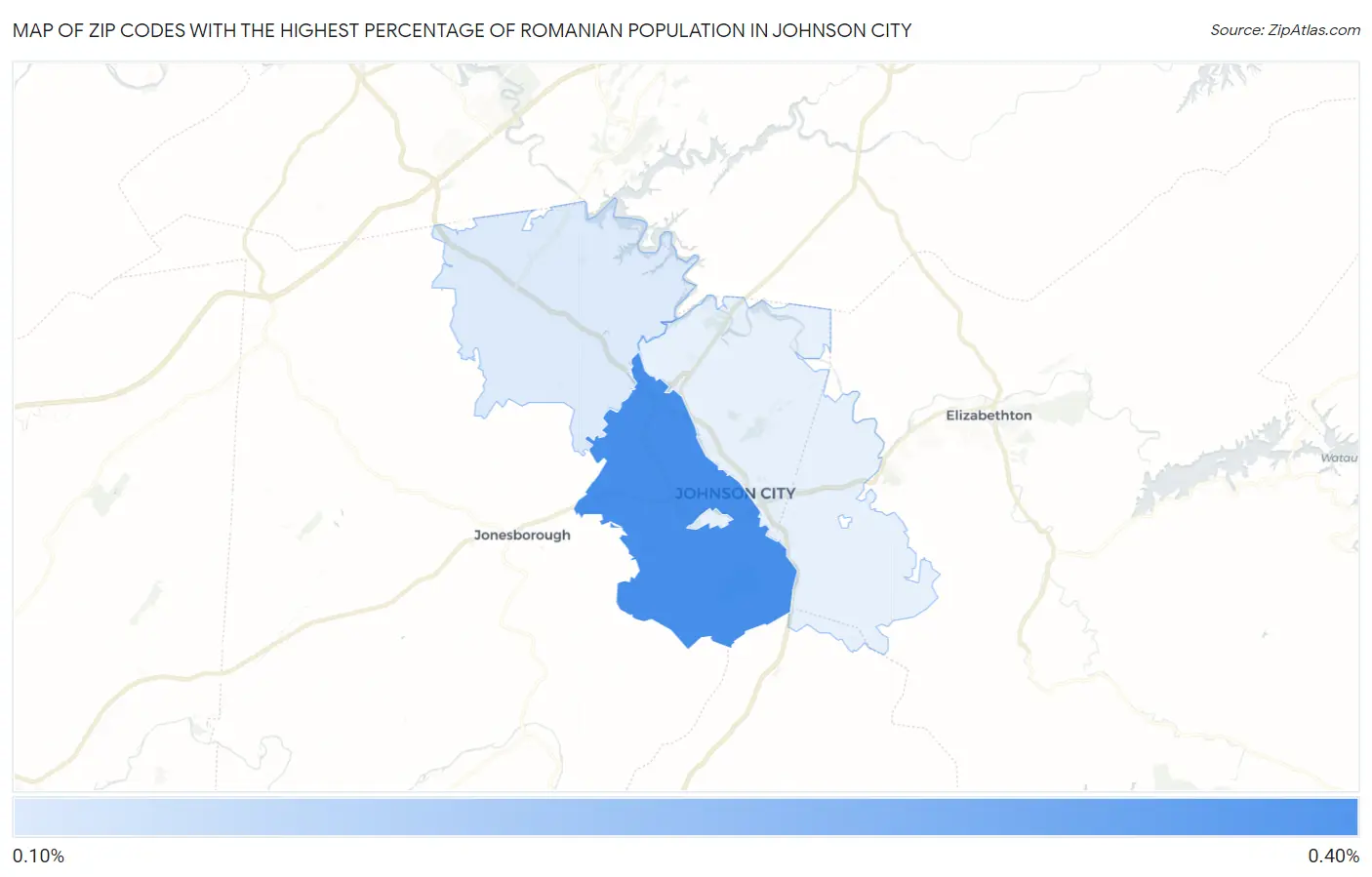 Zip Codes with the Highest Percentage of Romanian Population in Johnson City Map