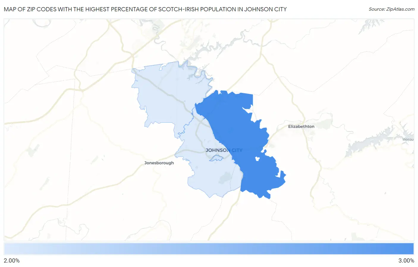 Zip Codes with the Highest Percentage of Scotch-Irish Population in Johnson City Map