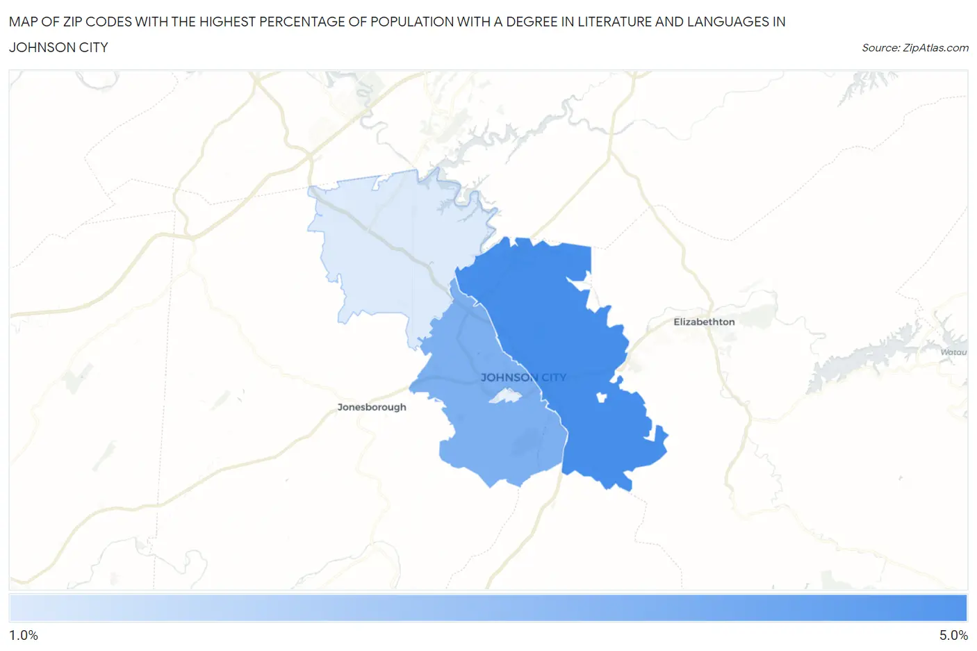 Zip Codes with the Highest Percentage of Population with a Degree in Literature and Languages in Johnson City Map