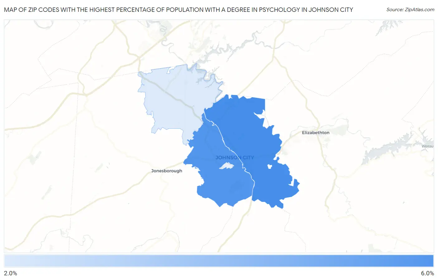 Zip Codes with the Highest Percentage of Population with a Degree in Psychology in Johnson City Map
