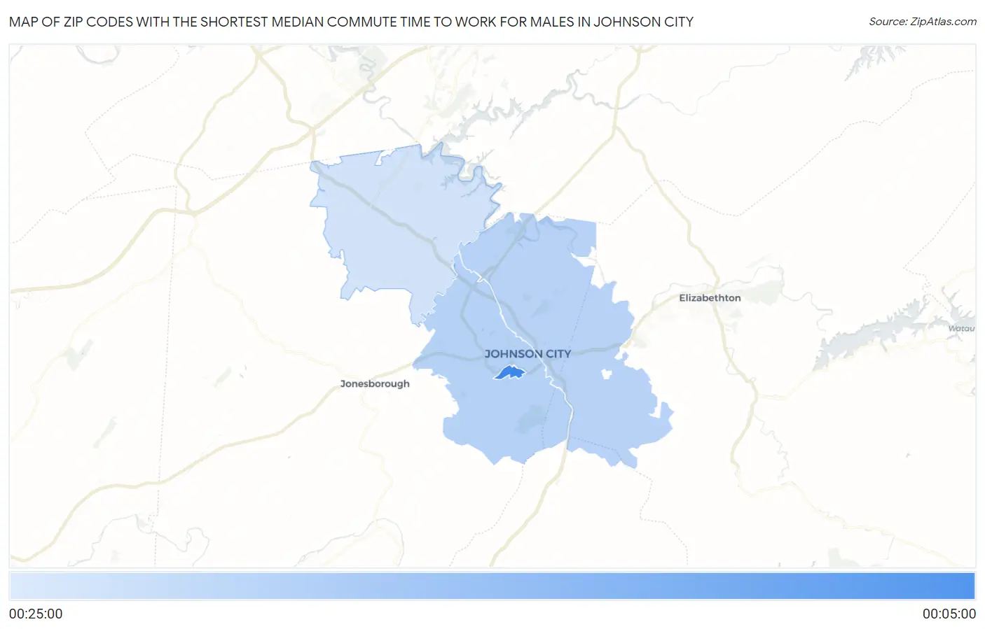 Zip Codes with the Shortest Median Commute Time to Work for Males in Johnson City Map