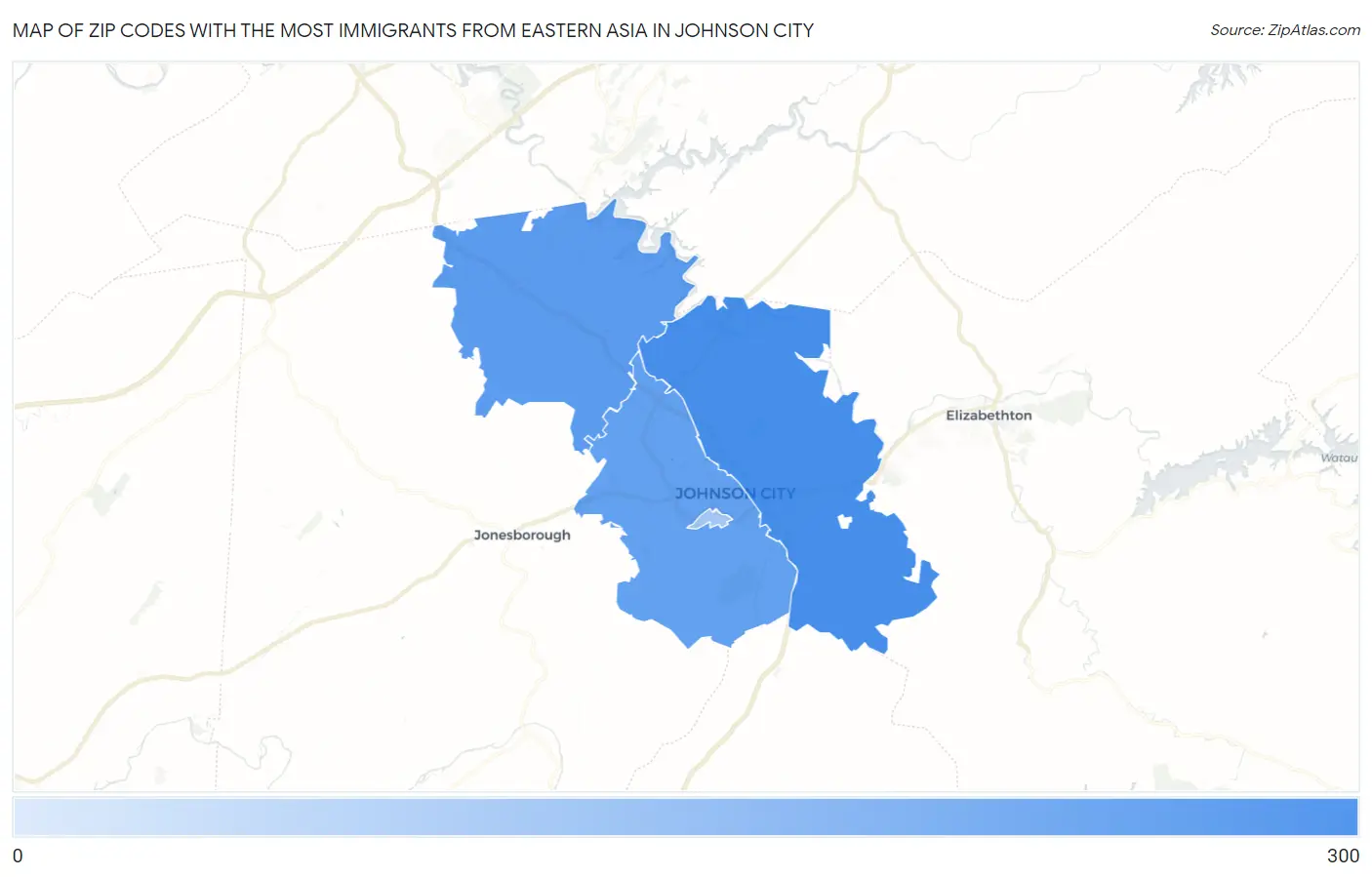 Zip Codes with the Most Immigrants from Eastern Asia in Johnson City Map