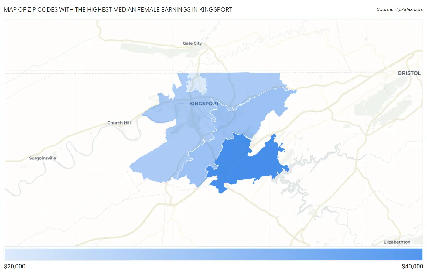Zip Codes with the Highest Median Female Earnings in Kingsport Map