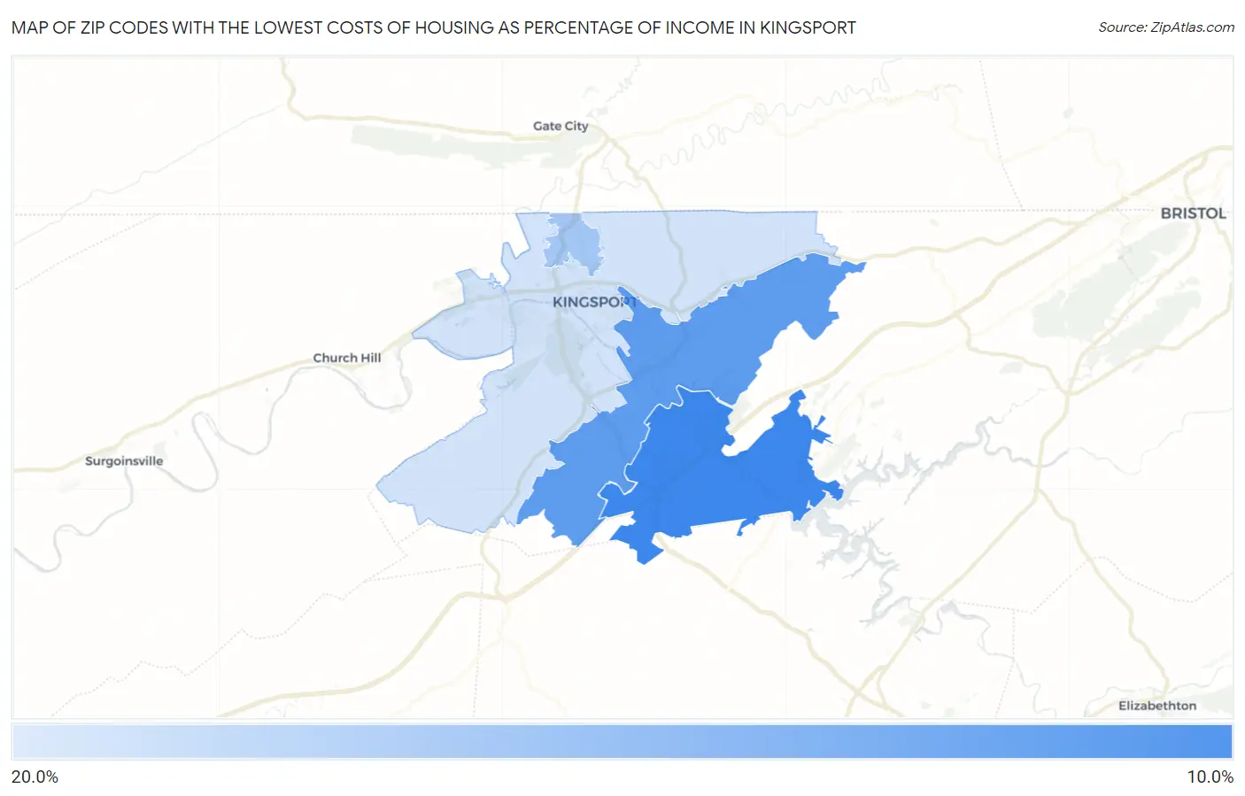 Zip Codes with the Lowest Costs of Housing as Percentage of Income in Kingsport Map