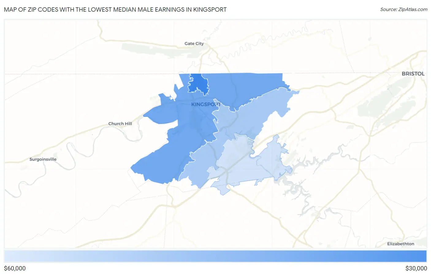 Zip Codes with the Lowest Median Male Earnings in Kingsport Map