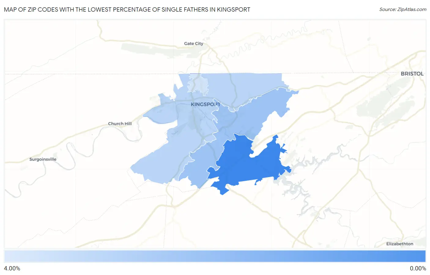 Zip Codes with the Lowest Percentage of Single Fathers in Kingsport Map