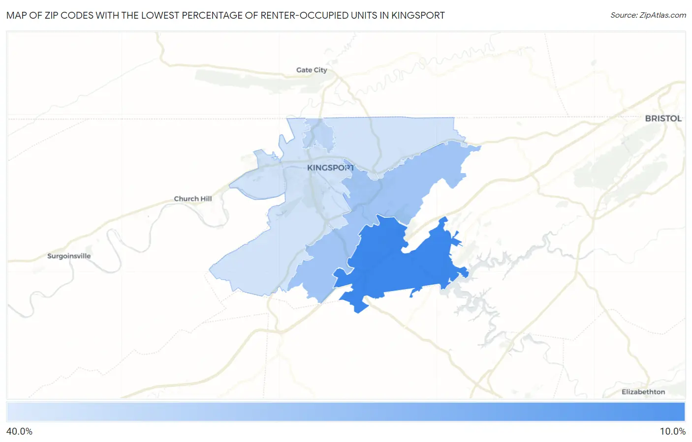 Zip Codes with the Lowest Percentage of Renter-Occupied Units in Kingsport Map