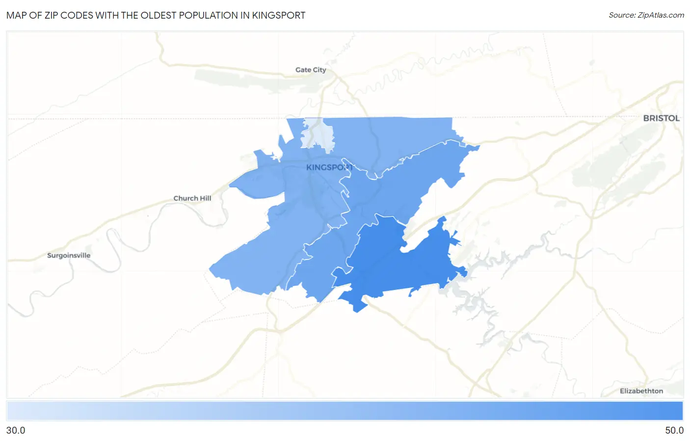 Zip Codes with the Oldest Population in Kingsport Map