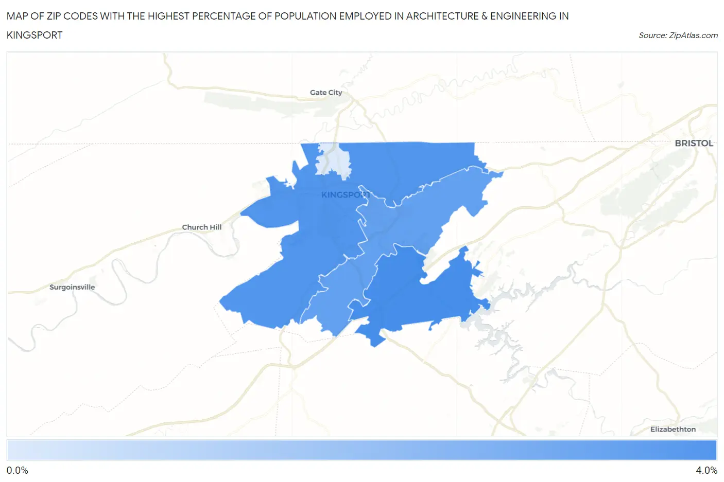 Zip Codes with the Highest Percentage of Population Employed in Architecture & Engineering in Kingsport Map