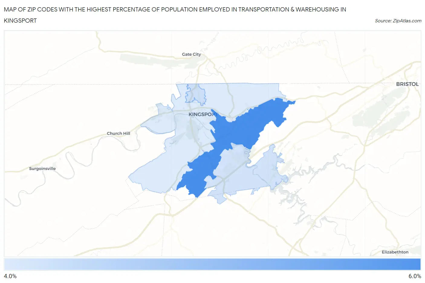 Zip Codes with the Highest Percentage of Population Employed in Transportation & Warehousing in Kingsport Map