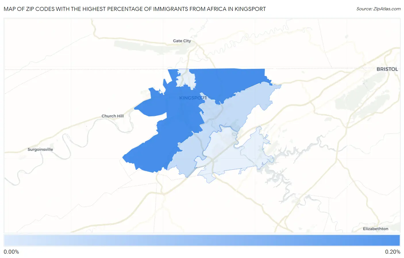 Zip Codes with the Highest Percentage of Immigrants from Africa in Kingsport Map