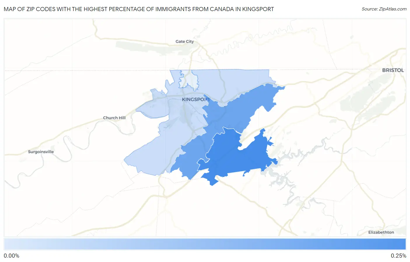 Zip Codes with the Highest Percentage of Immigrants from Canada in Kingsport Map