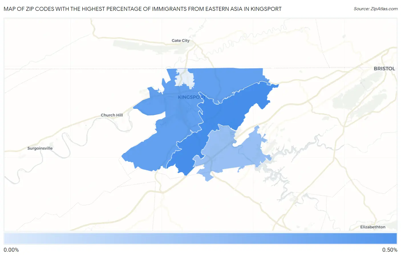 Zip Codes with the Highest Percentage of Immigrants from Eastern Asia in Kingsport Map
