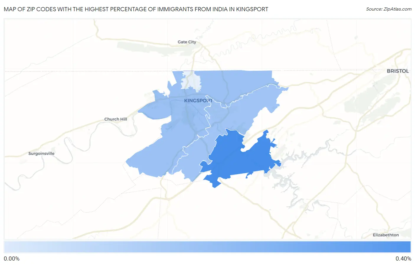 Zip Codes with the Highest Percentage of Immigrants from India in Kingsport Map