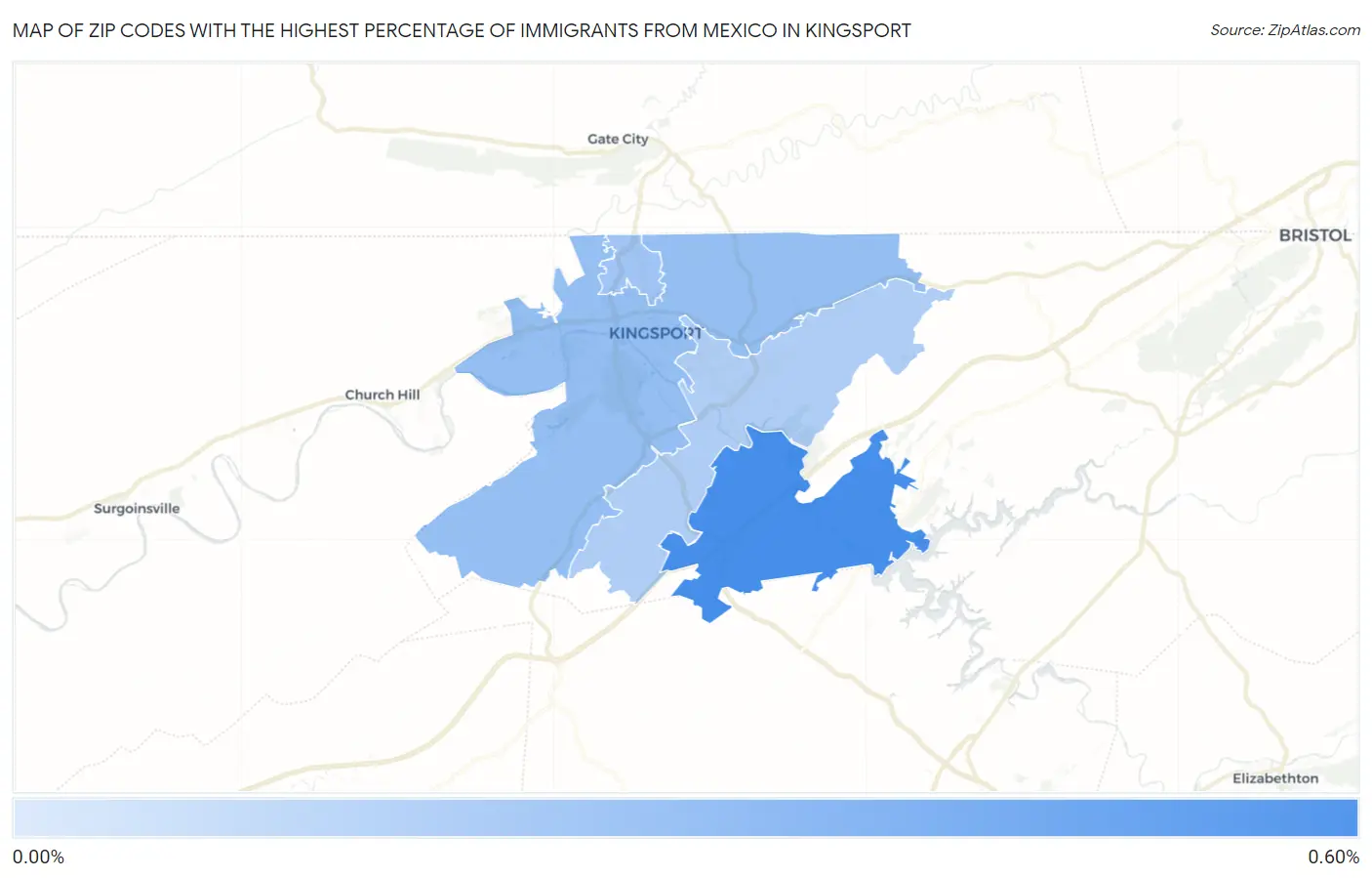 Zip Codes with the Highest Percentage of Immigrants from Mexico in Kingsport Map