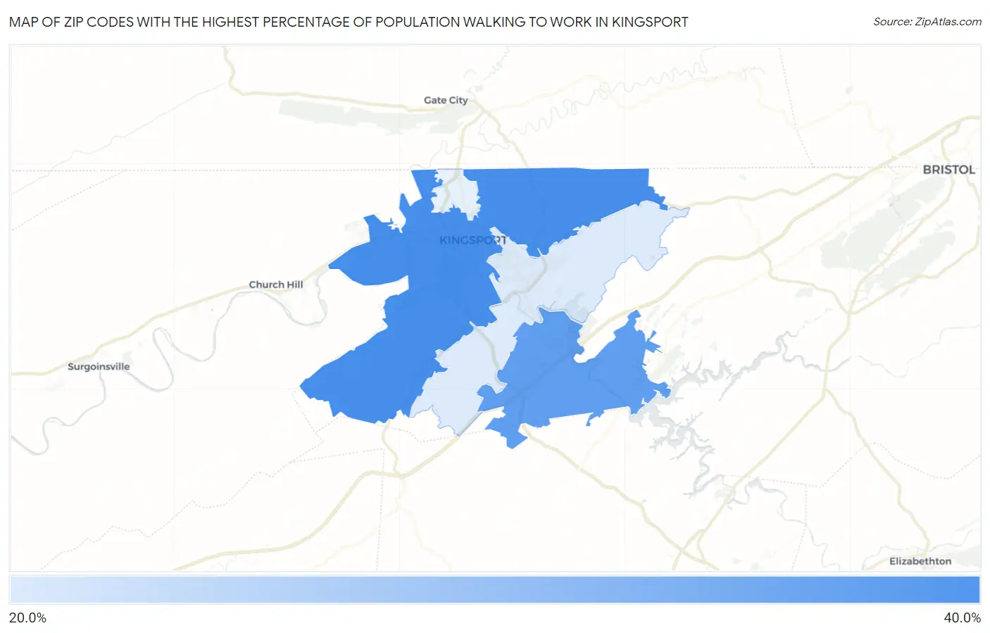 Zip Codes with the Highest Percentage of Population Walking to Work in Kingsport Map