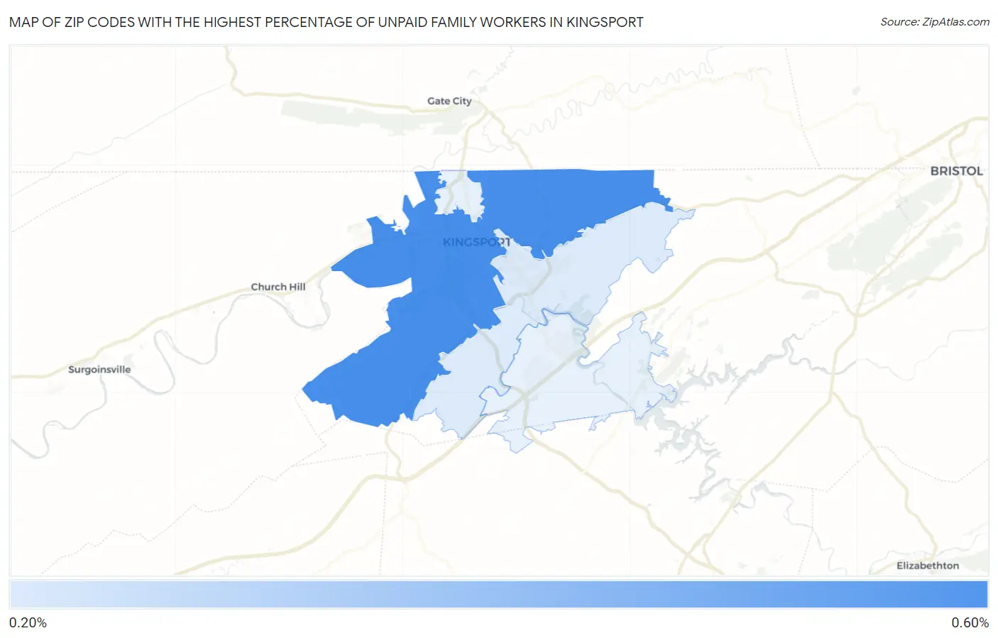 Zip Codes with the Highest Percentage of Unpaid Family Workers in Kingsport Map