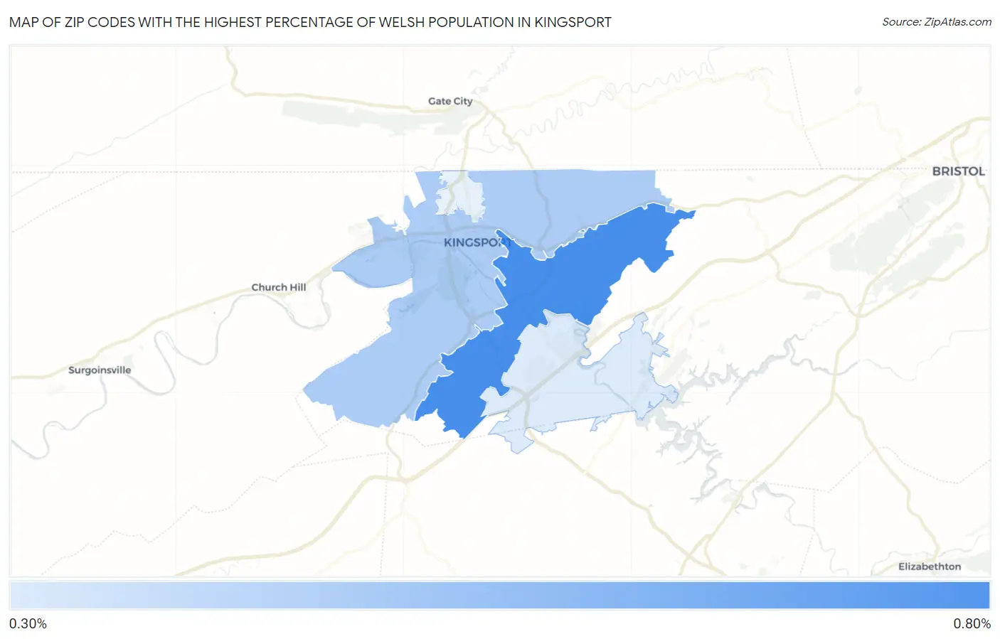 Zip Codes with the Highest Percentage of Welsh Population in Kingsport Map