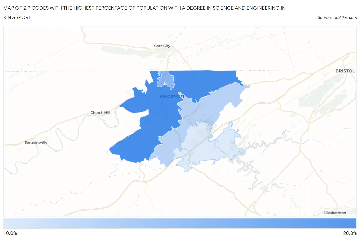 Zip Codes with the Highest Percentage of Population with a Degree in Science and Engineering in Kingsport Map