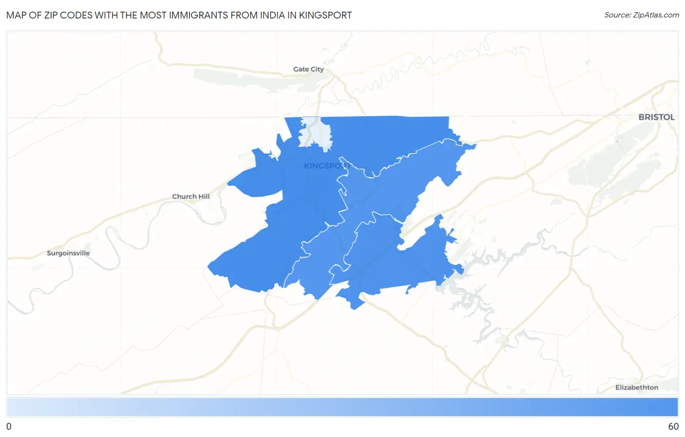 Zip Codes with the Most Immigrants from India in Kingsport Map