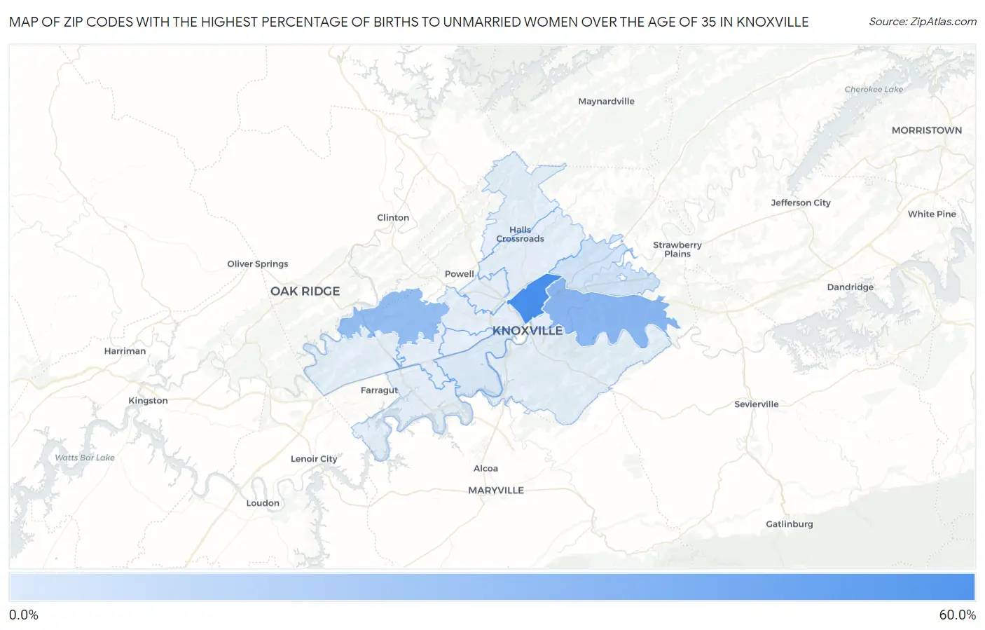 Zip Codes with the Highest Percentage of Births to Unmarried Women over the Age of 35 in Knoxville Map