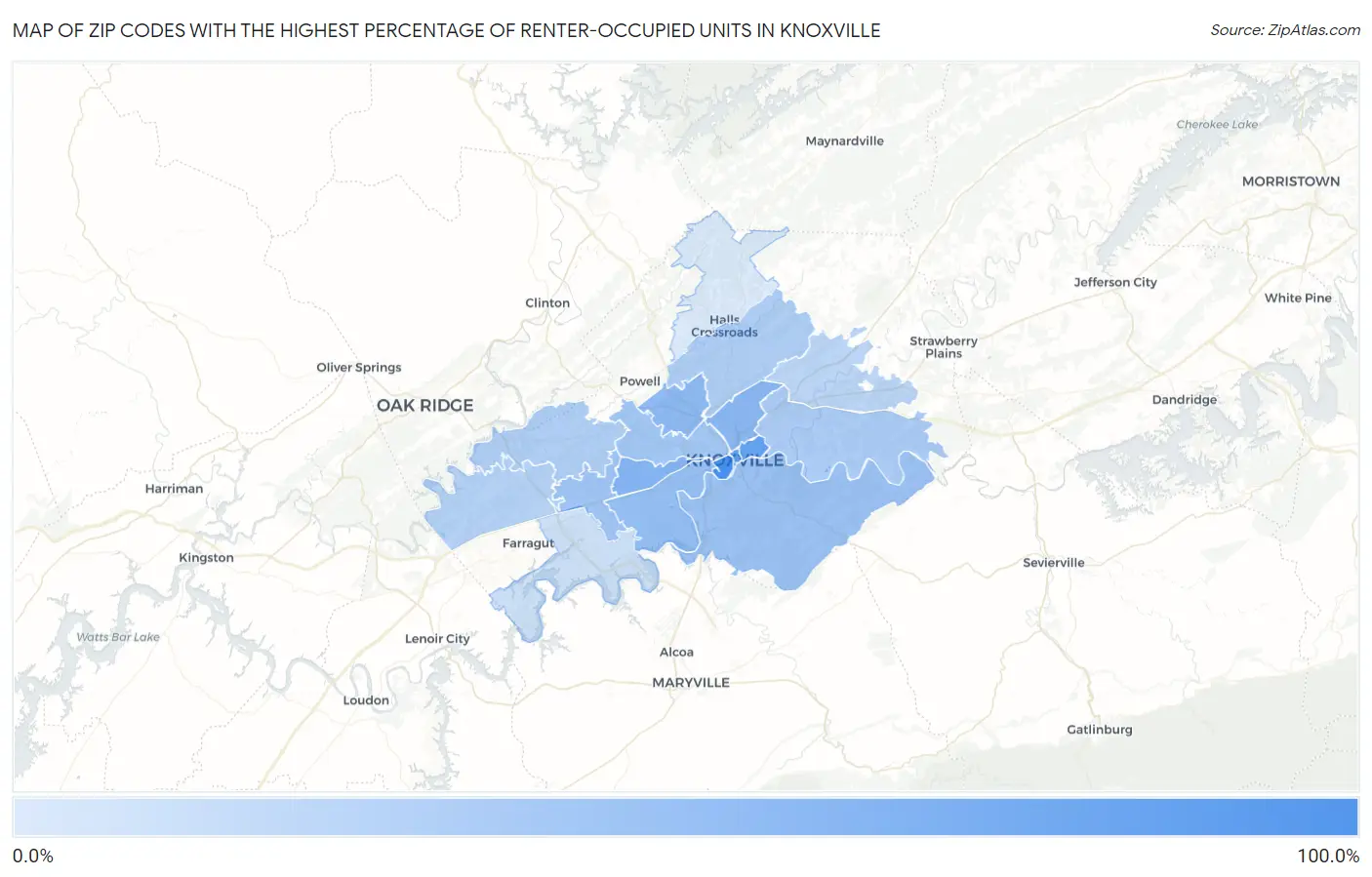 Zip Codes with the Highest Percentage of Renter-Occupied Units in Knoxville Map