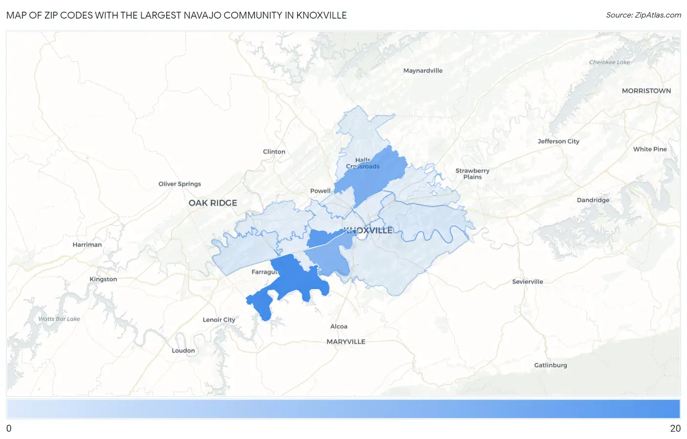 Zip Codes with the Largest Navajo Community in Knoxville Map