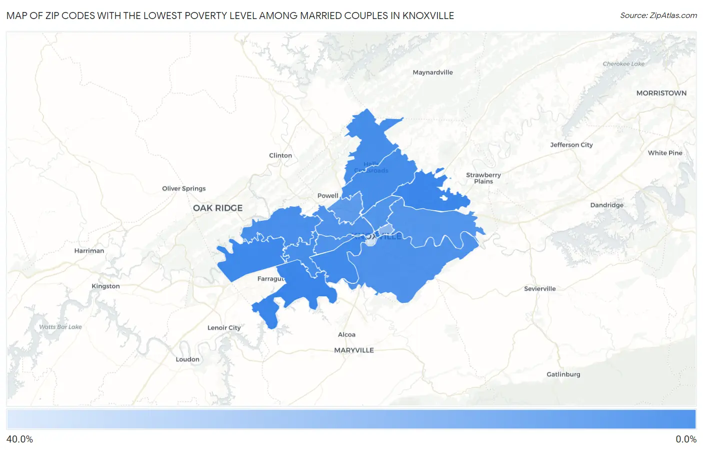 Zip Codes with the Lowest Poverty Level Among Married Couples in Knoxville Map
