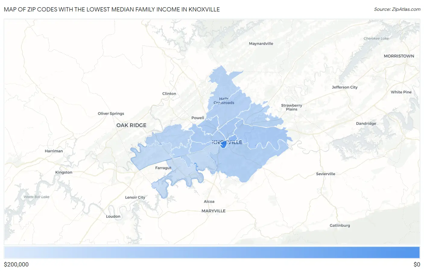 Zip Codes with the Lowest Median Family Income in Knoxville Map