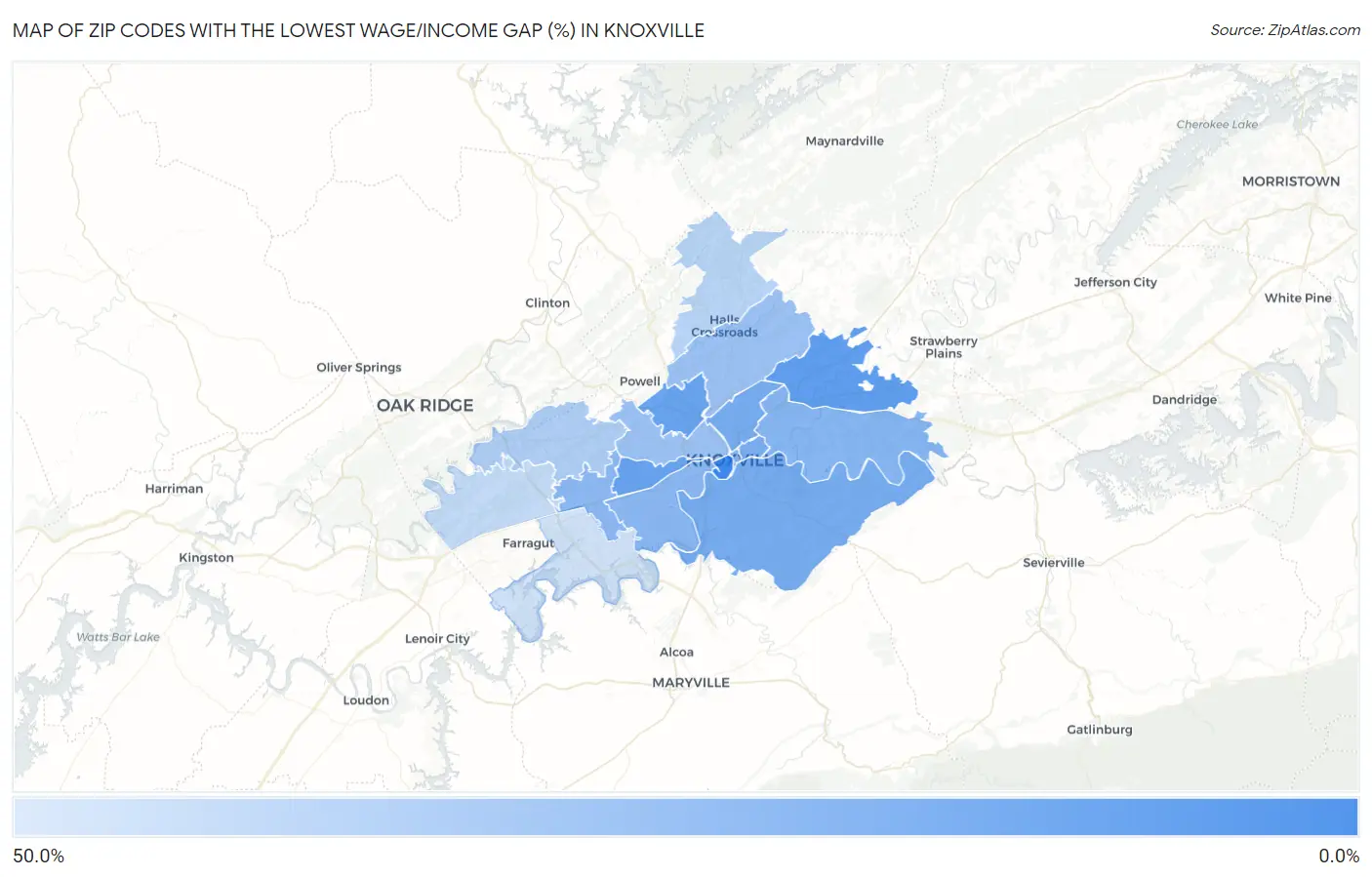 Zip Codes with the Lowest Wage/Income Gap (%) in Knoxville Map