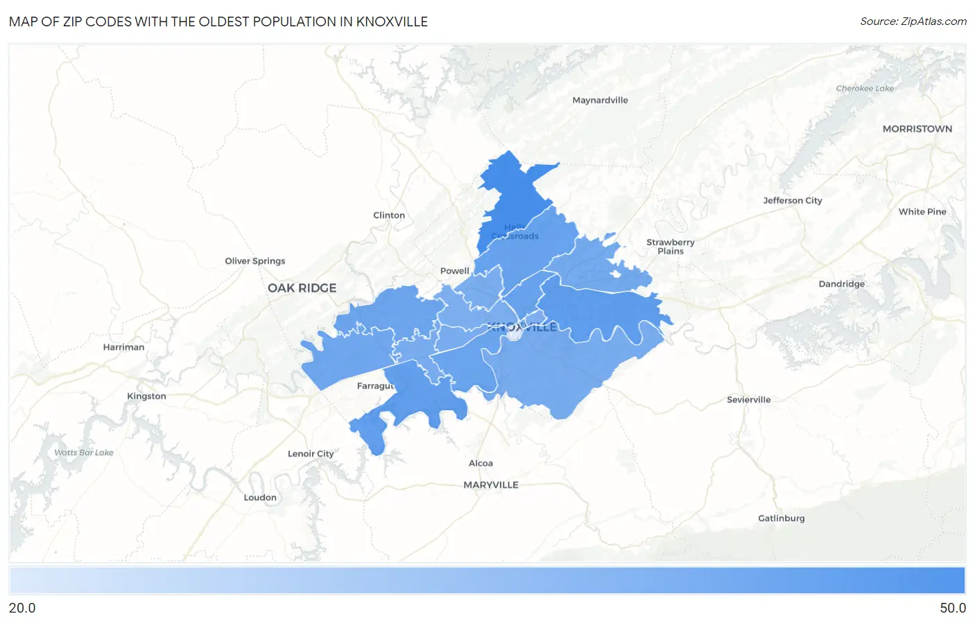 Zip Codes with the Oldest Population in Knoxville Map